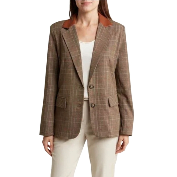 Steve Madden Oversized Blazer Brown Plaid Faux Leather 2 Button Jacket Medium - Picture 2 of 9